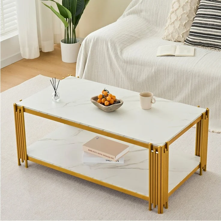 Fine Life Pro Couchtisch Rechteckiger Couchtisch, Marmoroptik-Platte, Metallbeine, weiß-gold, H46xB114xT64 cm, modernes Wohnzimmermöbel, elegantes Design – Bild 4