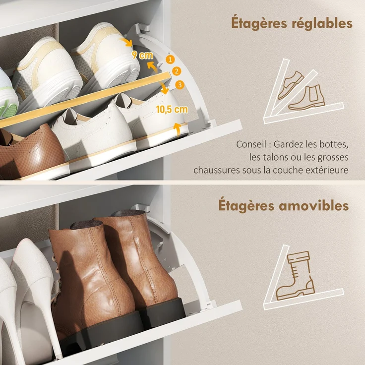 Schuhschrank für 8 Paar Schuhe, Schuhschrank, 2 Klappschubladen, verstellbare Einlegeböden und Fach, weiß – Bild 8