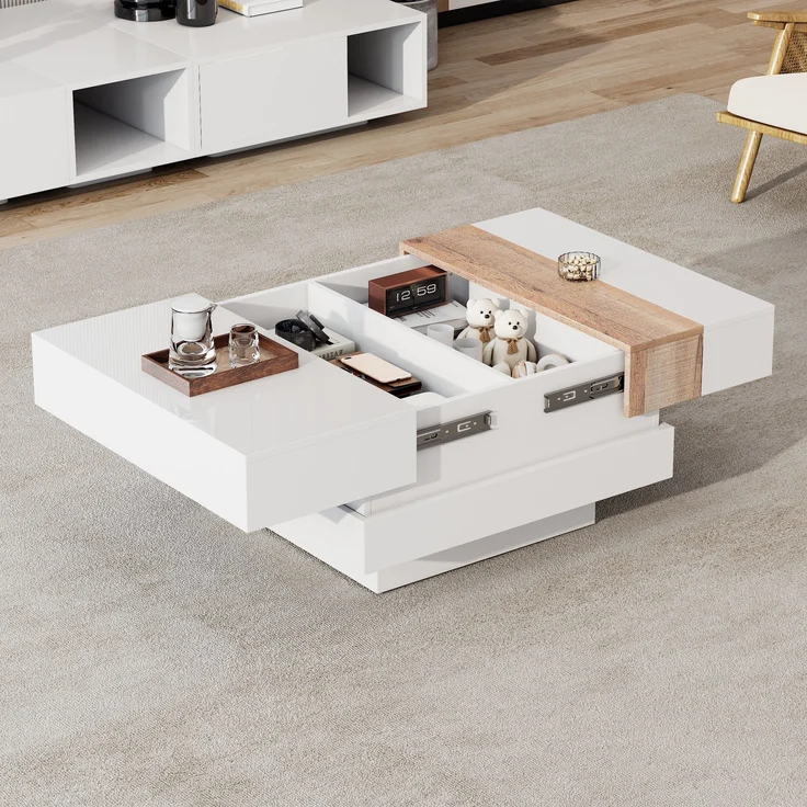 Couchtisch Hochglanz Weiß ausziehbar, 70x70x39 cm, mit Staufächern – Bild 2