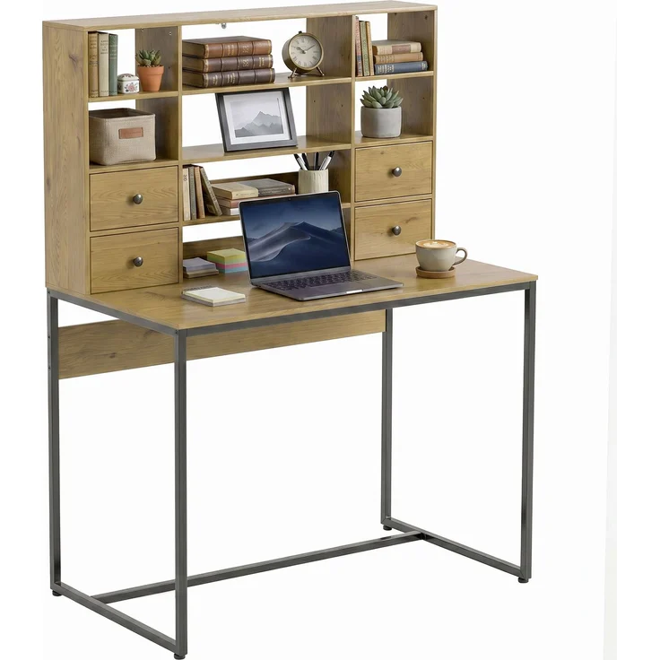 MELAYR, Computertisch mit 4 Schubladen, 105 x 60 cm, Schreibtisch mit Stauraum, Offene Regale, 105 x 60 cm, Naturholz – Bild 1