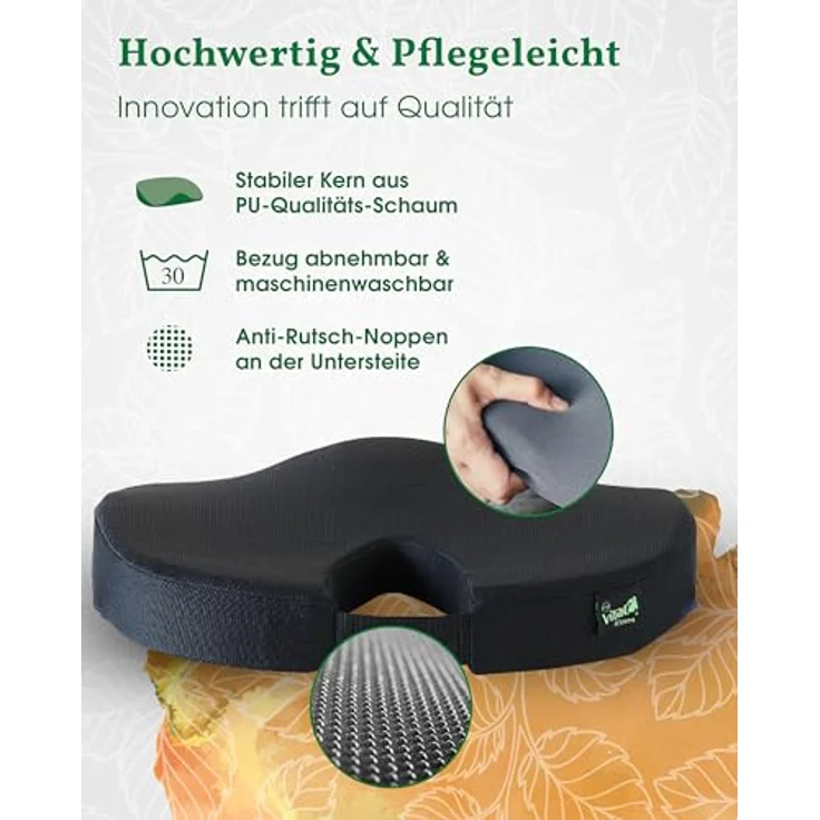 VitaL Kissen® Orthopädisches Steißbeinkissen schwarz 8 cm – Ergonomisches Keilkissen für Stuhl & Auto, schmerzlindern, rutschfest, ideal für Büro & Reisen – Bild 4