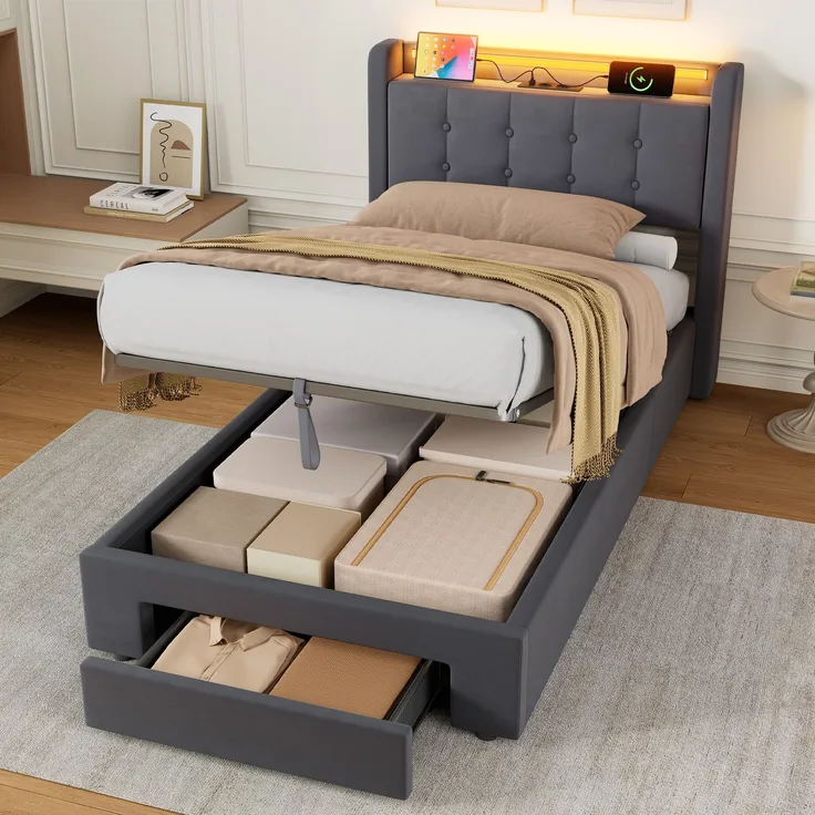 Polster-Jugendbett aus Samt mit LED, USB, hydraulischem Stauraum & Schubladen, ohne Matratze, 90x200 cm, Grau