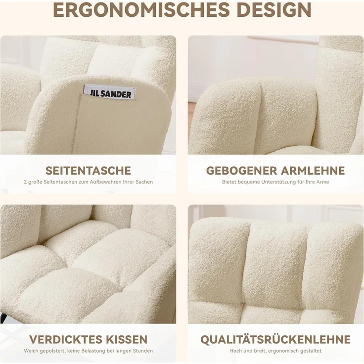 COMHOMA Schaukelstuhl mit Hocker, Relaxsessel mit Armlehnen, Ohrensessel aus Teddy-Plüsch Schaukelsessel, bis 150 kg belastbar, sonnenliege gartenliege für Schlafzimmer, Wohnzimmer,Beige – Bild 6