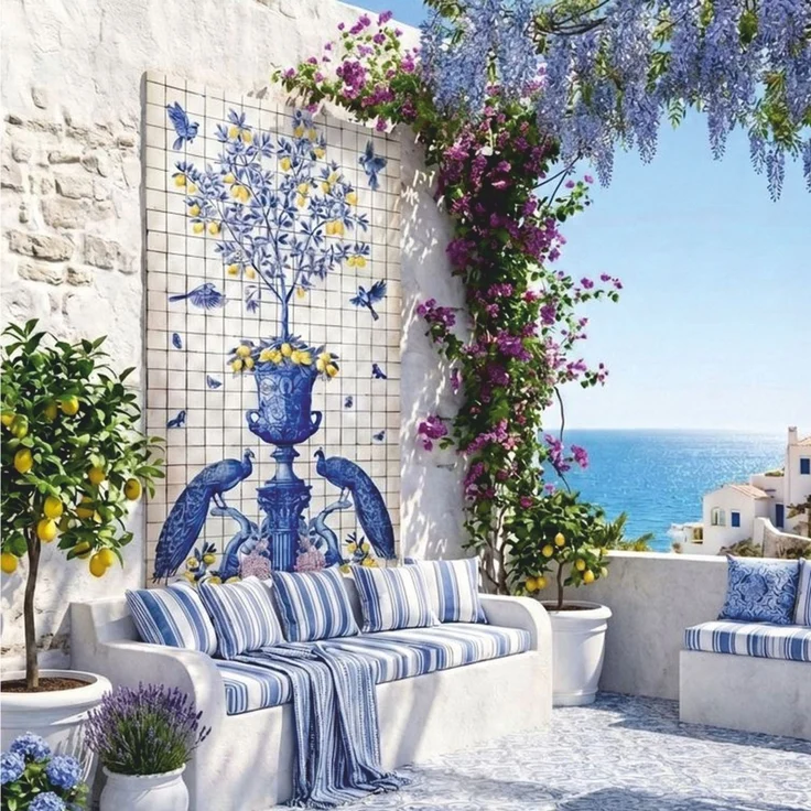 Casa Padrino Luxus Barock Keramik Wandgemälde Creme / Blau / Gelb / Lila H. 280 cm - Mosaik Fliesen Gemälde – Bild 2