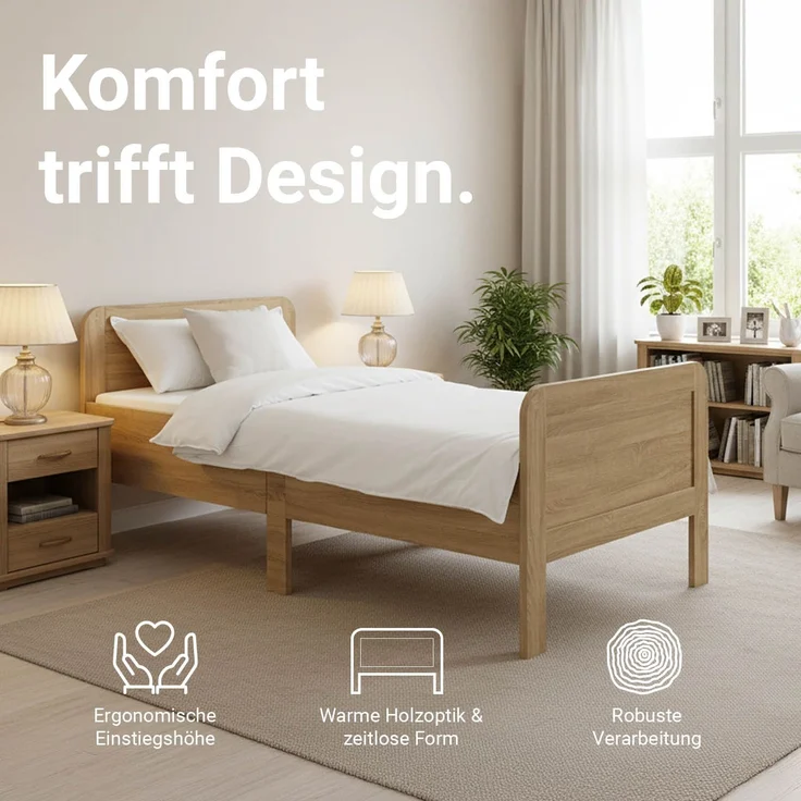 Komfortbett 90x200 Seniorenbett Höhenverstellbar Holzbett Eiche Einzelbett Hohes Bett Bettgestell – Bild 4