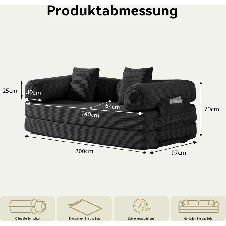 Aoxun Kordstoff Schlafsofa 200×97×70cm, 5-in-1 Umwandelbares Bodensofa, Hochdichter Schaumstoff, Haustierfreundlich, Keine Montage, Schwarz – Bild 2