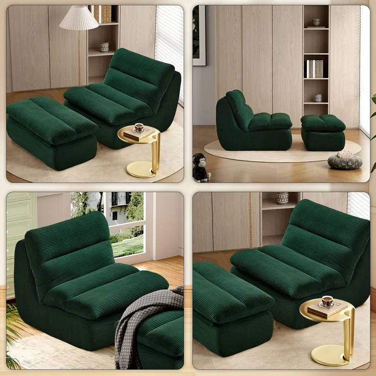 Beanbag Sofa aus Cord mit Fußhocker, 101x81x75 cm, Grün – Bild 4