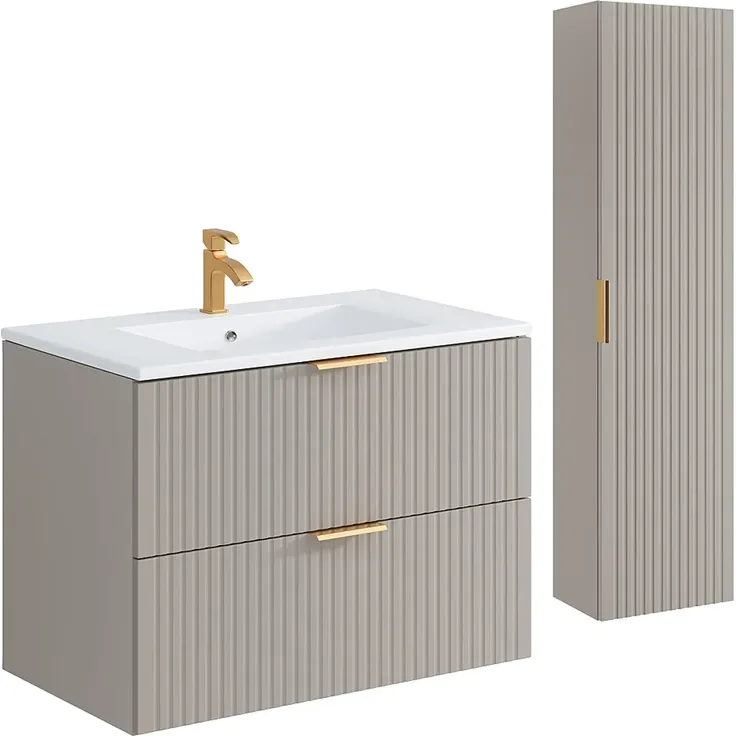 Vente-unique - Waschbeckenunterschrank hängend mit Ablagen & Einbauwaschbecken - Streifenoptik - Beige - 80 cm - ZEVARA