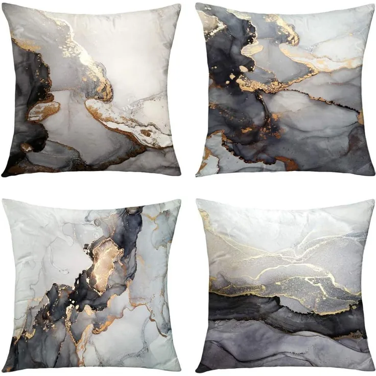 Velvet Kissenbezüge 45×45 cm 4er-Set Marmor Schwarz & Gold, Luxus Fluid Art, Couch