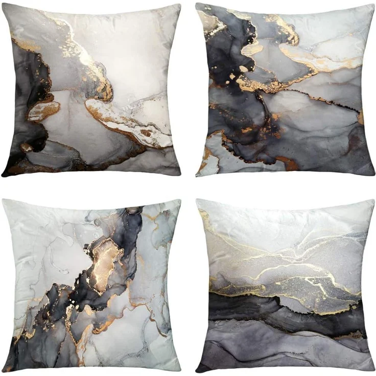Velvet Kissenbezüge 45×45 cm 4er-Set Marmor Schwarz & Gold, Luxus Fluid Art, Couch – Bild 1