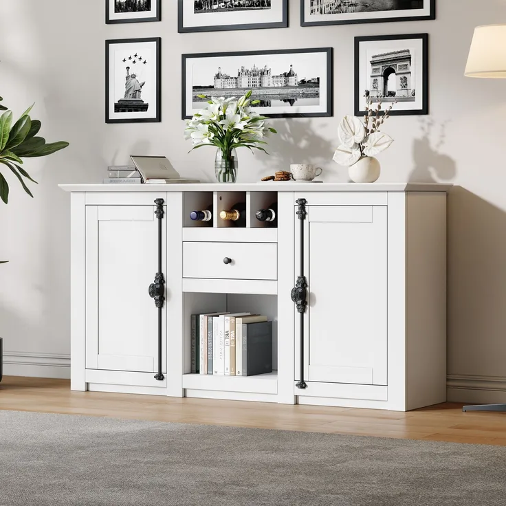 Sideboard 130 cm Weiß mit 2 Türen, 1 Schublade, Weinregal, Kommode für Wohnzimmer, Anrichte mit Stauraum und Präsentationsfläche