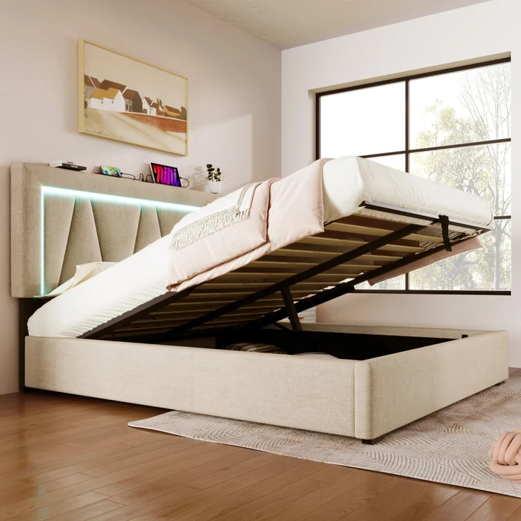 Polsterbett 160x200 cm aus Leinen mit Stauraum, USB- und Type-C-Anschluss und LED-Beleuchtung – Bild 2