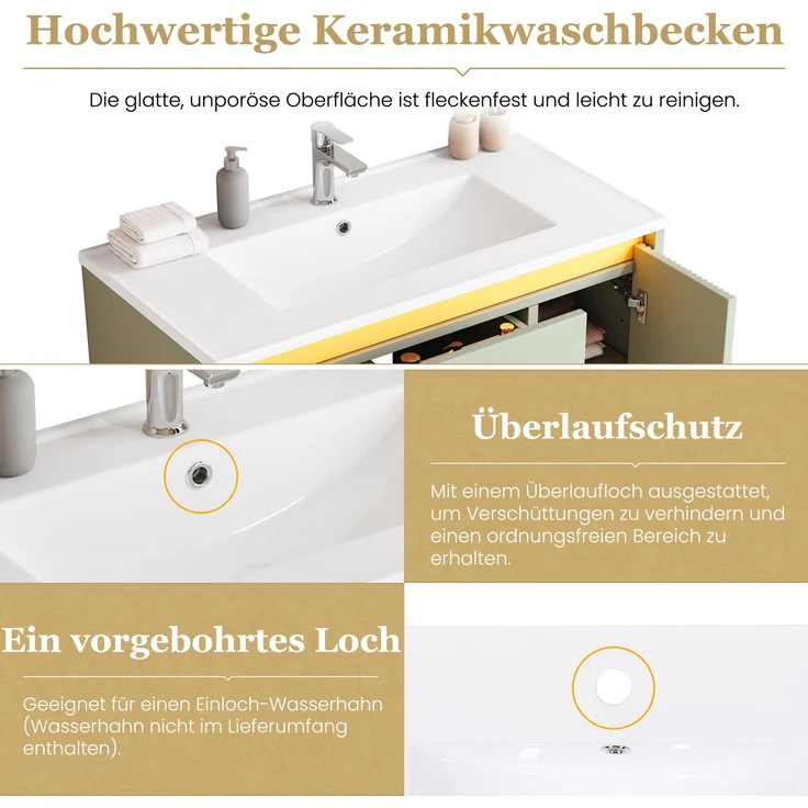 Wandmontierter Waschbeckenunterschrank 81 x 47 x 51 cm aus MDF mit Keramikbecken, LED und Wellenmuster – Bild 6