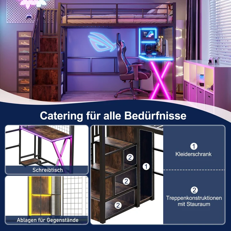 Kinder-Hochbett 90x200 cm mit Schreibtisch, Kleiderschrank, Aufbewahrungsleiter,fernbedienbares LED-Ambientelicht,Schwarz – Bild 6