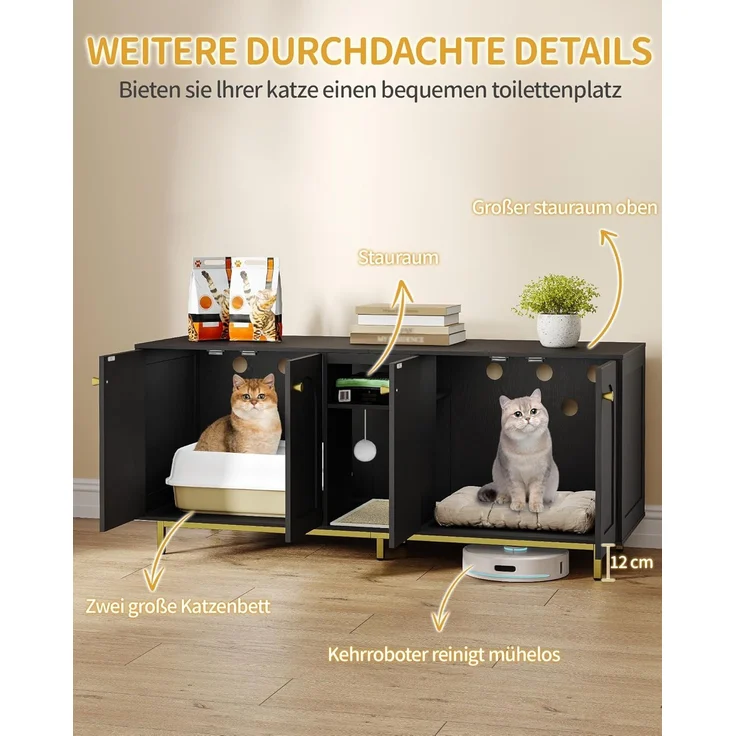 Katzenschrank für 2 Katzen, Katzenklo Schrank, Katzenhaus Versteckt mit Doppelräumen, Mit Stauraum, Plüschbälle, Kann als Fernsehschrank, 140 x 48 x 62 cm, Schwarz und Gold – Bild 7