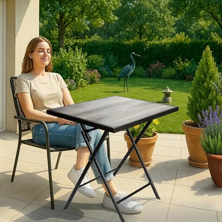 BRUBAKER Gartentisch Bergamo - 58 x 58 cm Balkontisch mit Holz Optik - Wetterfest (1-St, Klapptisch für Balkon, Terrasse - Bistrotisch), Metall Beistelltisch klappbar - Campingtisch eckig – Bild 10