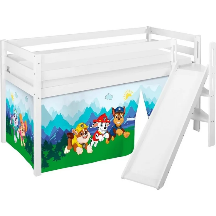 Lilokids Kinderbett Hochbett JELLE mit schräger Rutsche & Vorhang PAW PATROL 190x90 cm