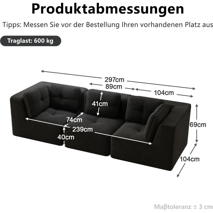 EINHOM Rahmenloses Sektionssofa, modulares Ecksofa, bequemes Cordsofa, Dreisitzer-Sofa mit tiefer Sitzfläche für das Wohnzimmer, kein Aufbau erforderlich, Schwarz – Bild 2