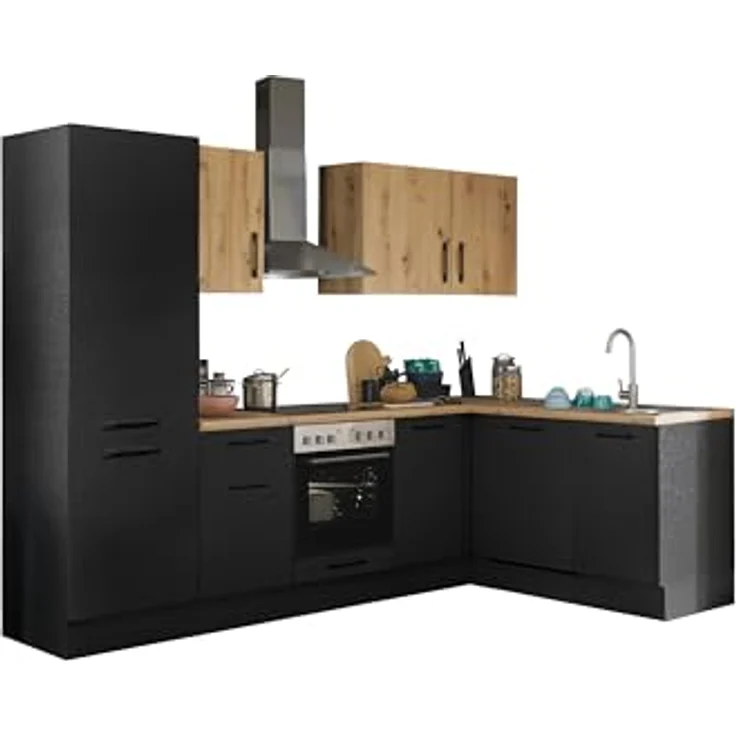 Turin L Eckküche 280 x 211 x 60 cm, schwarz - Basic Küchengeräte - Moderne, geräumige Küche in Artisan-Eiche Optik mit viel Stauraum – Bild 1