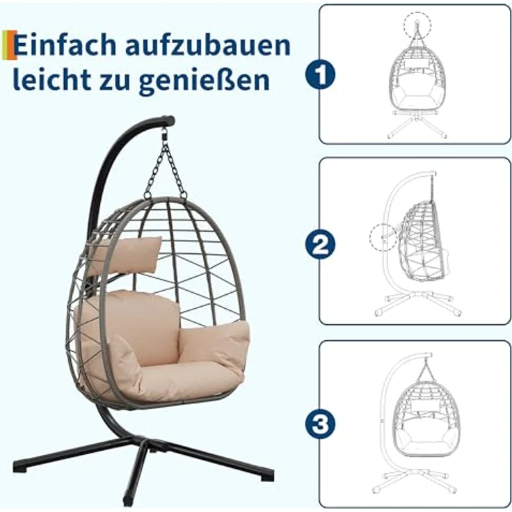 Hängesessel mit Gestell Outdoor bis 150 kg belastbar, Rattan Hängesessel mit Metallgestell, ideal als Hängesitz Indoor mit Gestell für Garten, Terrasse & Balkon Beige – Bild 7