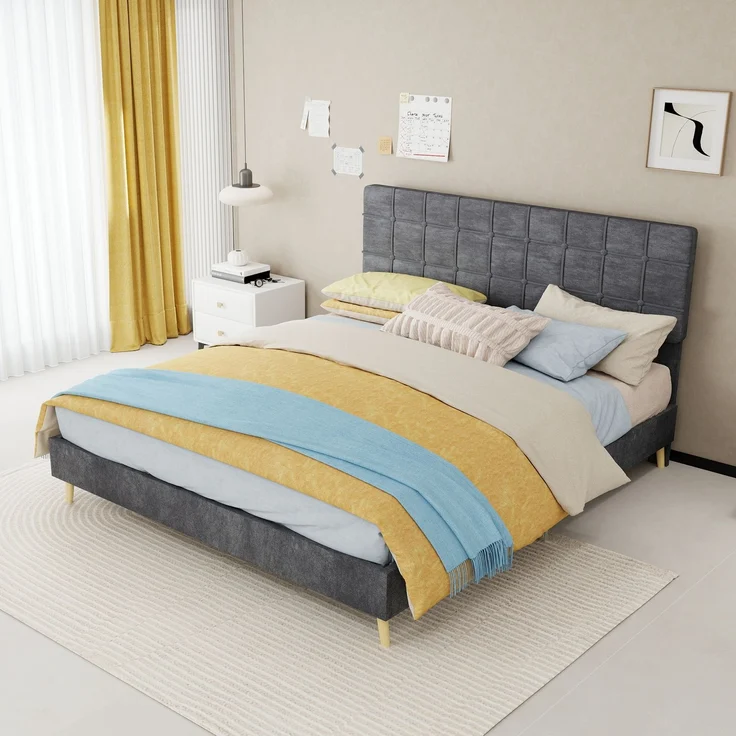 Novelux Polsterbett 160x200 cm mit gepolstertem Kopfteil im Karomuster - Stabiles Stoffbett Doppelbett mit Massivholzfüßen, Dunkelgrau, Skandinavisch – Bild 8