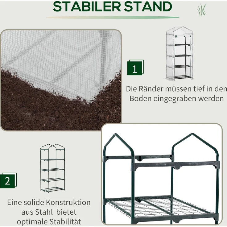 Outsunny Gewächshaus, PE, Metall, Weiß+Grün, 70L x 50B x 160H cm – Bild 4