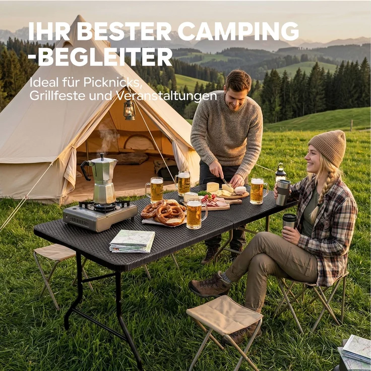 Eiryss Klapptisch 180cm Schwarz Rattan-Optik HDPE – Tragbarer Gartentisch mit 3 Sicherheitsverriegelungen, Camping & Picknick, 150kg – Bild 9