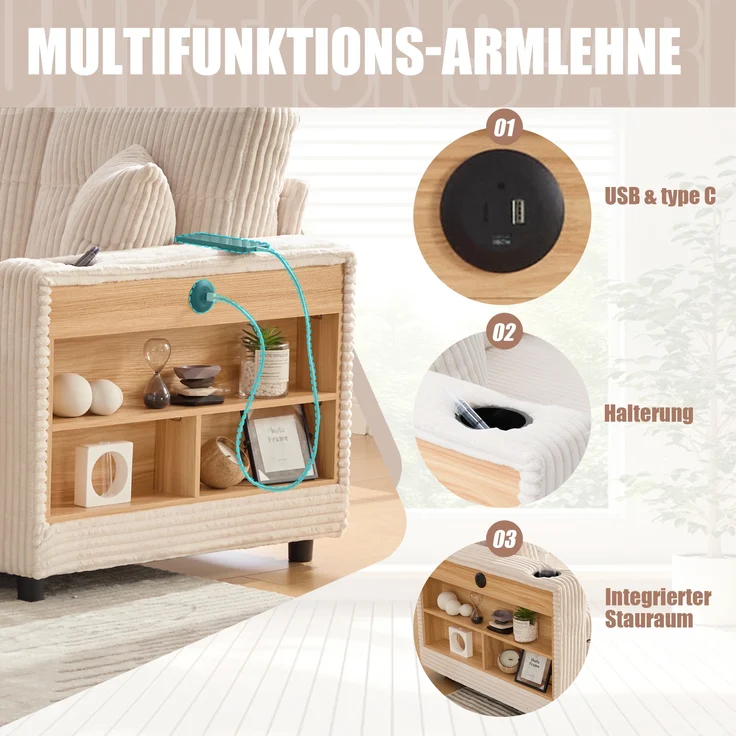 LVHOM Schlafsofa mit LED & USB, Ecksofa mit Ablagefächern, Schublade und Becherhaltern, Schlafcouch aus Cordstoff, frei Kombination, 196x144x85 cm – Bild 7