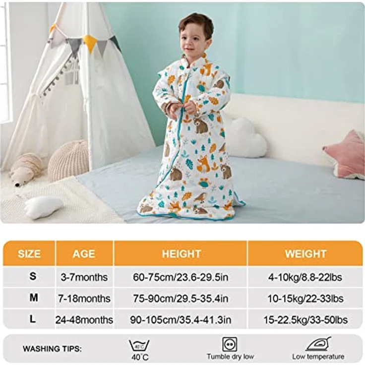 MIKAFEN Baby Winter Schlafsack Kinder Schlafsack 3.5 Tog Schlafsaecke aus Bio Baumwolle Verschiedene Groessen von Geburt bis 4 Jahre alt (L:Höhe 90cm-105cm/24-48Monate, Tierwelt) – Bild 4