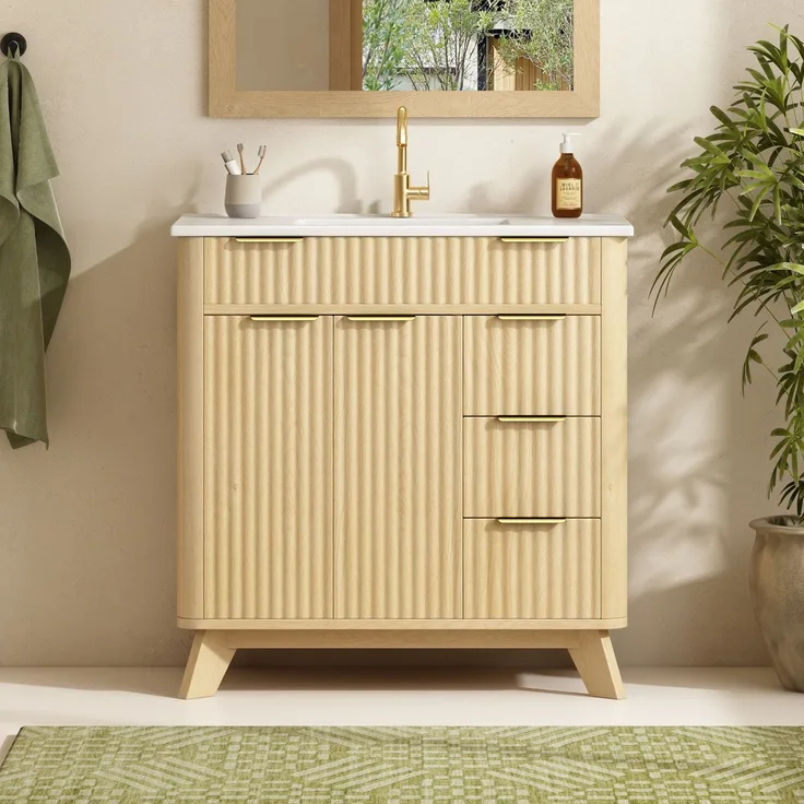 Waschtischunterschrank B 81 x T 47 x H 90 cm aus MDF mit Keramikwaschbecken und Wellenfront