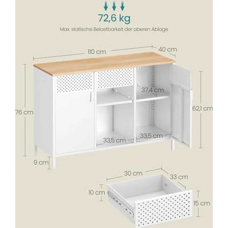 SONGMICS Aufbewahrungsschrank, Metallschrank, Schrank mit Doppeltür, Sideboard, Magnetverschluss, verstellbare Einlegeböden, Stahlgestell, mattweiß-eichenbeige LSC204WC01 – Bild 4