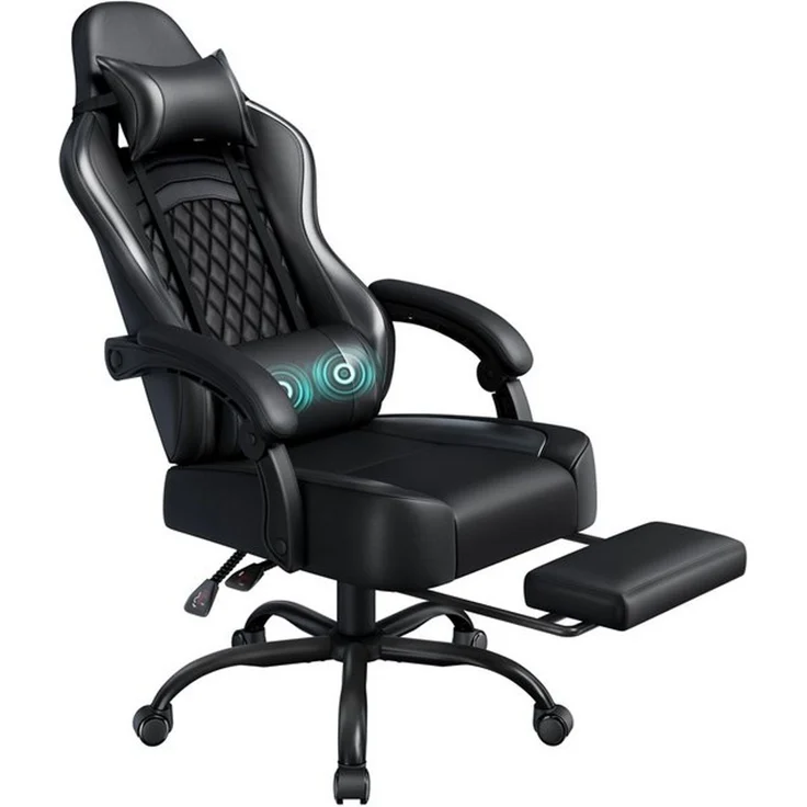 Yaheetech Gaming-Stuhl mit Massagefunktion & Kopfstütze & Fußstütze Ergonomischer PC-Stuhl, höhenverstellbarer Drehstuhl Computerstuhl Verstellbare Rückenlehne, Kunstleder Schwarz, 72 × 72 × 124,5–134 cm – Bild 4