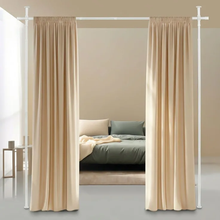 Todeco Raumteiler Paraventgestell Gardinenstangen, Freistehend Raumtrenner Paravent ohne Vorhang, Sichtschutz für Wohnzimmer, Schlafzimmer oder Büro 122–305 cm (H), 70–175 cm (B), Weiß