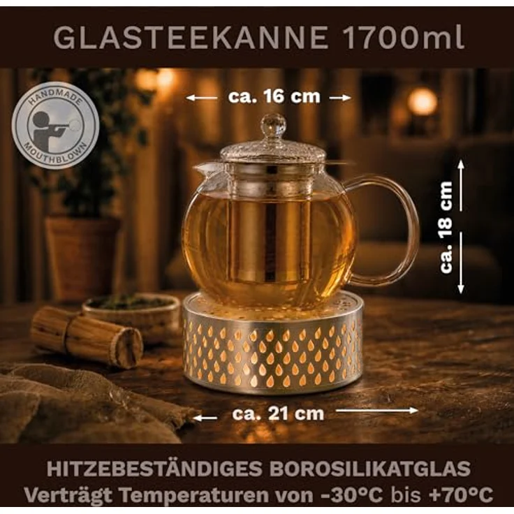 Creano Teekanne Creano Teekanne aus Glas 1,7l + ein Stövchen aus Edelstahl, 3-teilige, (Set, 4-St) – Bild 7
