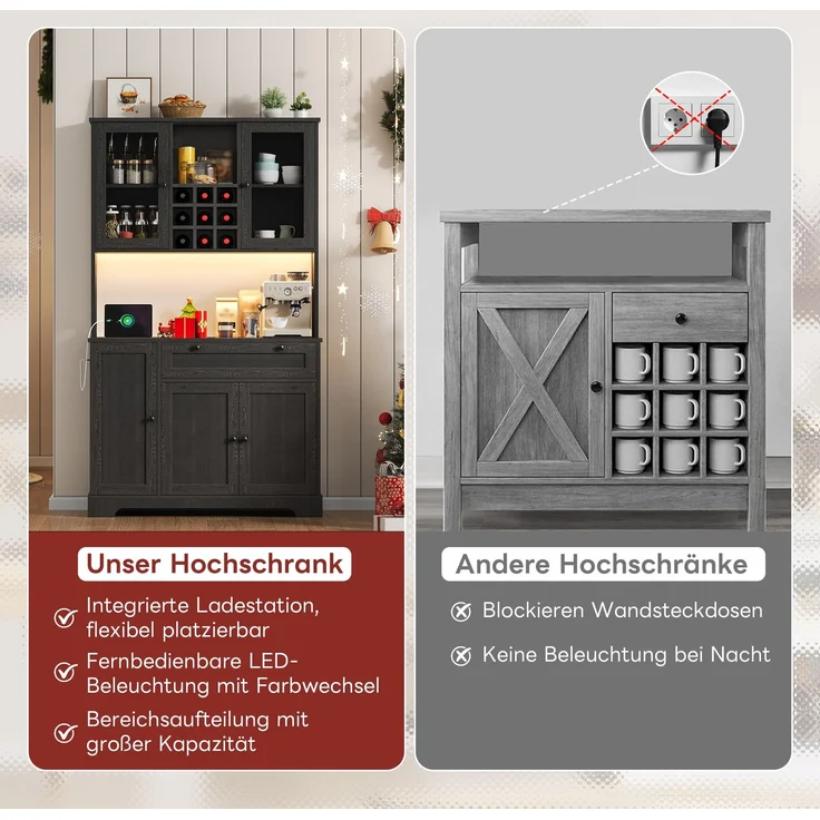Küchenschrank, Hochschrank, Aufbewahrungsschrank, Vitrinenschrank mit Tür, integriertem Gewürzregal, verstellbaren Einlegeböden,mit farbwechselnder LED-Beleuchtung und Steckdose, 180 × 105 × 40 cm--Schwarz--105x40x180cm--YOUDENOVA – Bild 5