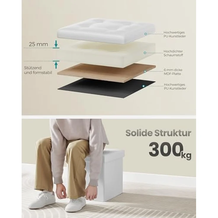Songmics Sitzhocker 38 cm, Aufbewahrungsbox faltbar, Fußhocker mit Deckel, aus Kunstleder, bis 300 kg belastbar, für Eingang, Wohnzimmer, Schlafzimmer, wolkenweiß LSF030W11 – Bild 5
