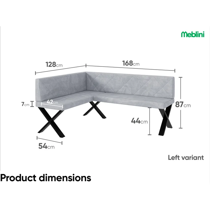 MEBLINI Eckbank für Esszimmer - Küchenbank - Essecke - Sitzecke Küche - ERIC - X-Beine 128x168x87cm Links - Hellgrau Samt – Bild 7