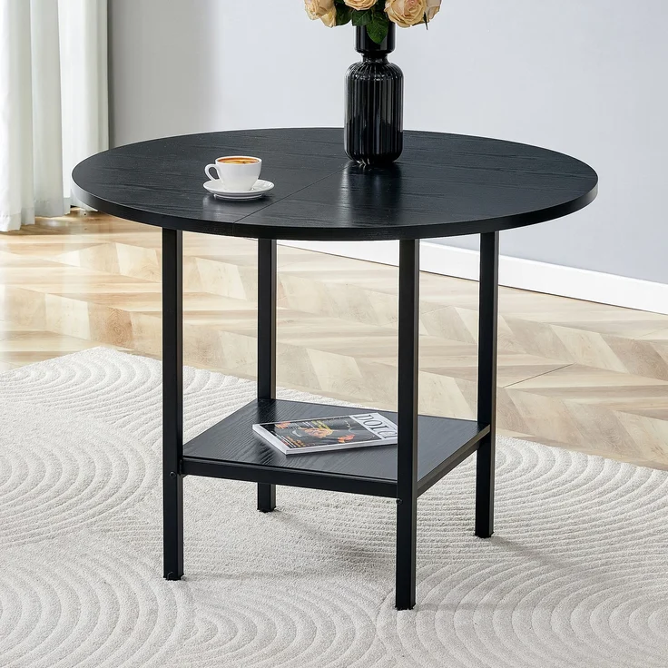 Esstisch 100x100x77 cm, rund, mit Stauraumablage aus MDF und Metall in Schwarz – Bild 2