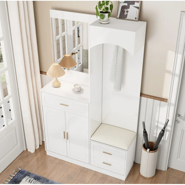 Kompaktgarderobe mit Schuhschrank, Schuhbank, Kosmetikspiegel, verstellbare Einlegeböden, MDF weiß, platzsparend – Bild 6