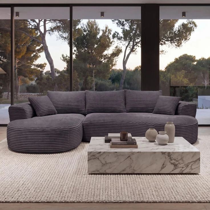 Sofa-Garnitur HWC-P19, 3-Sitzer Couch Loungesofa, Stoff/Textil Cord (370 g/m²) Liegefläche links ~ dunkelgrau – Bild 1