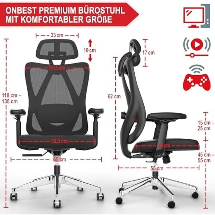 Onbest Bürostuhl PREMIUM Ergonomisch 150 kg, Verstellbare Lordosenstüzte, Armlehnen & Kopfstütze - Gaming Stuhl – Bild 2