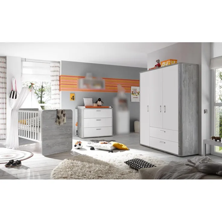 Babyzimmer Frieda Kinderzimmer 6 teiliges Komplett Set in Vintage Wood Grey und Weiß matt - 6 teilig , Kleiderschrank + Babybett + Lattenrost + Umbauseiten + Wickelkommode + Seitenregal , 70 x 140 cm