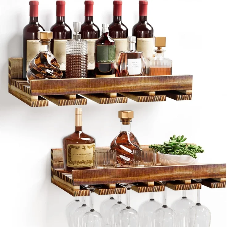 Yorbay Weinregal Set, Weinregal aus Holz Wandregal für Flaschen & Gläser, Wandregal Wandmontiertes Weinregal – Bild 1
