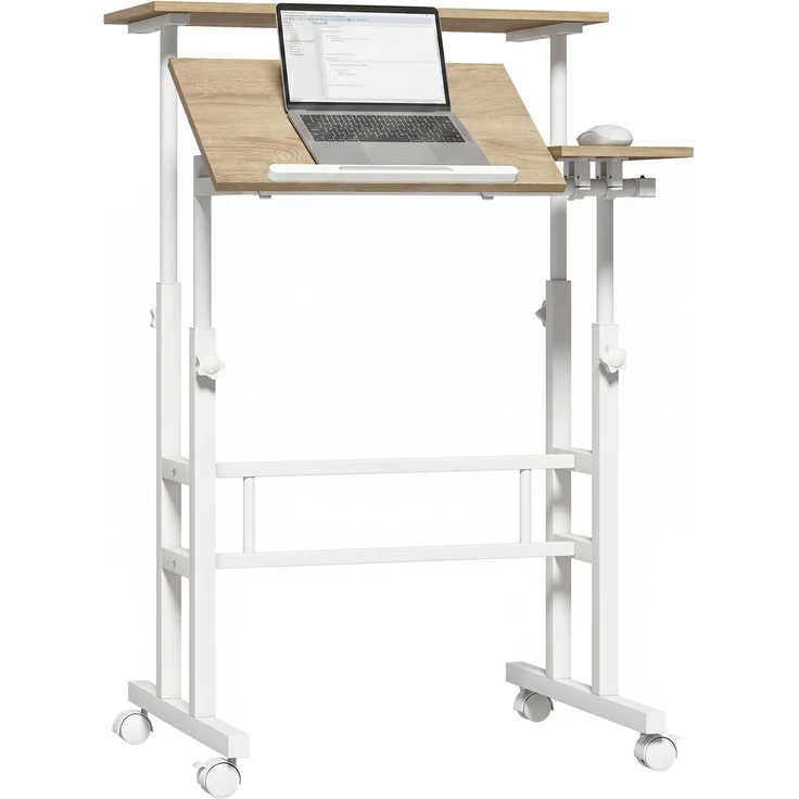 Steh-Sitz-Schreibtisch, höhenverstellbar, 70 x 60 cm, Rollen, neigbare Tischplatte, brauner Metallrahmen – Bild 2