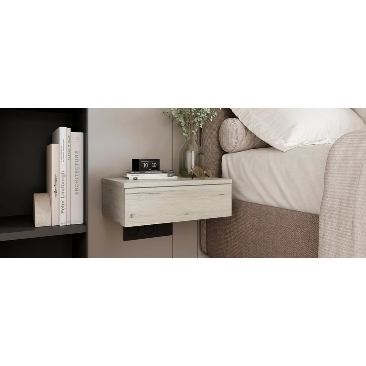 KOMTO Wandregal mit Schublade Weiß Eiche - Nachttisch Hängend 2er Set Nachttisch Wandmontage Wandschublade Nachtschrank Hängend | Monaco 42 x 30 x 15 cm – Bild 3