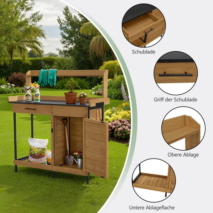 M MCombo Pflanztisch mit Schublade, Ablage, Verzinkter Arbeitsplatte & Schrank, Gärtnertisch Wetterfest mit 3 Haken, Blumentisch Massivholz für Garten, Balkon & Terrasse, 47 x 111 x 127 cm, 2049 (Natur) – Bild 4