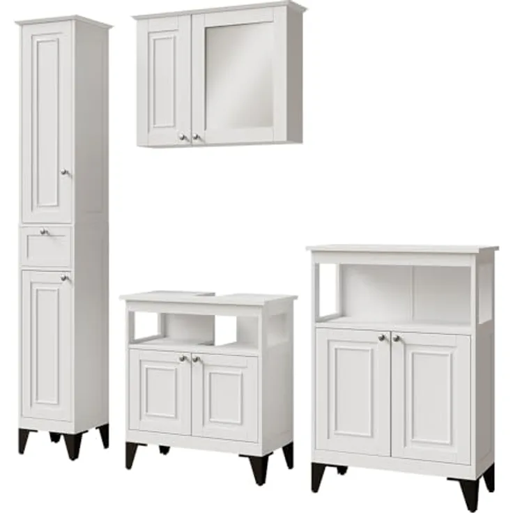 Vichy Badmöbelset Vanity, 4-teiliges Badezimmermöbel-Set in Weiss mit Waschbeckenunterschrank, Spiegelschrank, Hochschrank und Badschrank