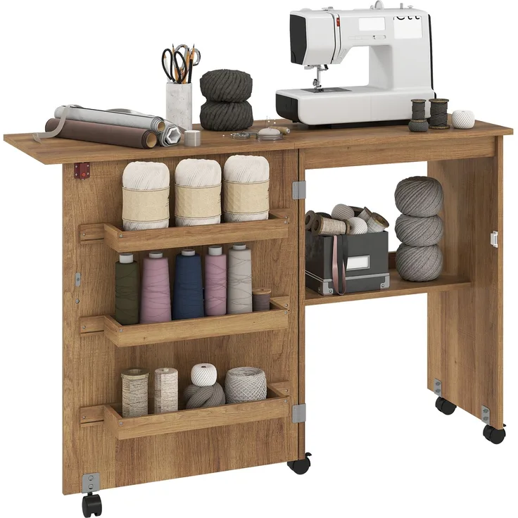 Wohnora-Klappbarer Nähtisch mit ausklappbarer Tischplatte, Aufbewahrungsboxen, offenem Regal und Rollen, braun,H 775cm x T 1170cm x B 400cm