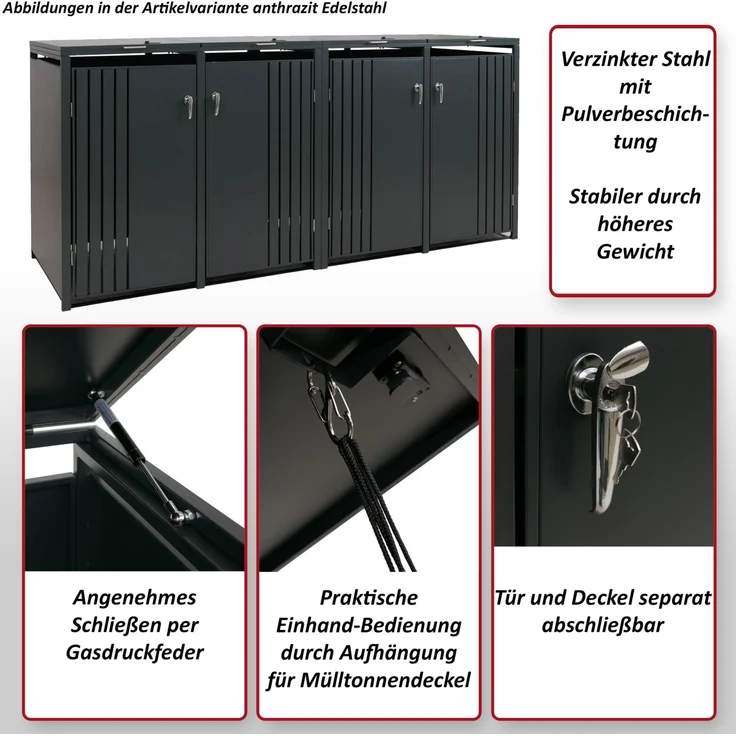 4er-Mülltonnenverkleidung HWC-O67, Mülltonnenbox mit Deckel, Metall 122x264x84cm 104kg ~ anthrazit Edelstahl – Bild 2