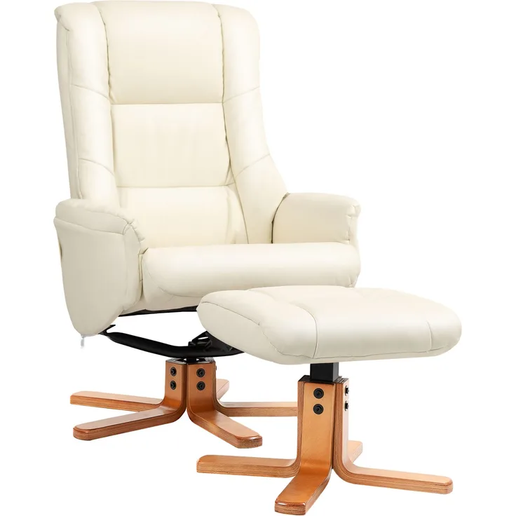 HOMCOM Relaxsessel mit Hocker, Kunstleder, Holz, Cremeweiß, 71L x 84B x 102H cm